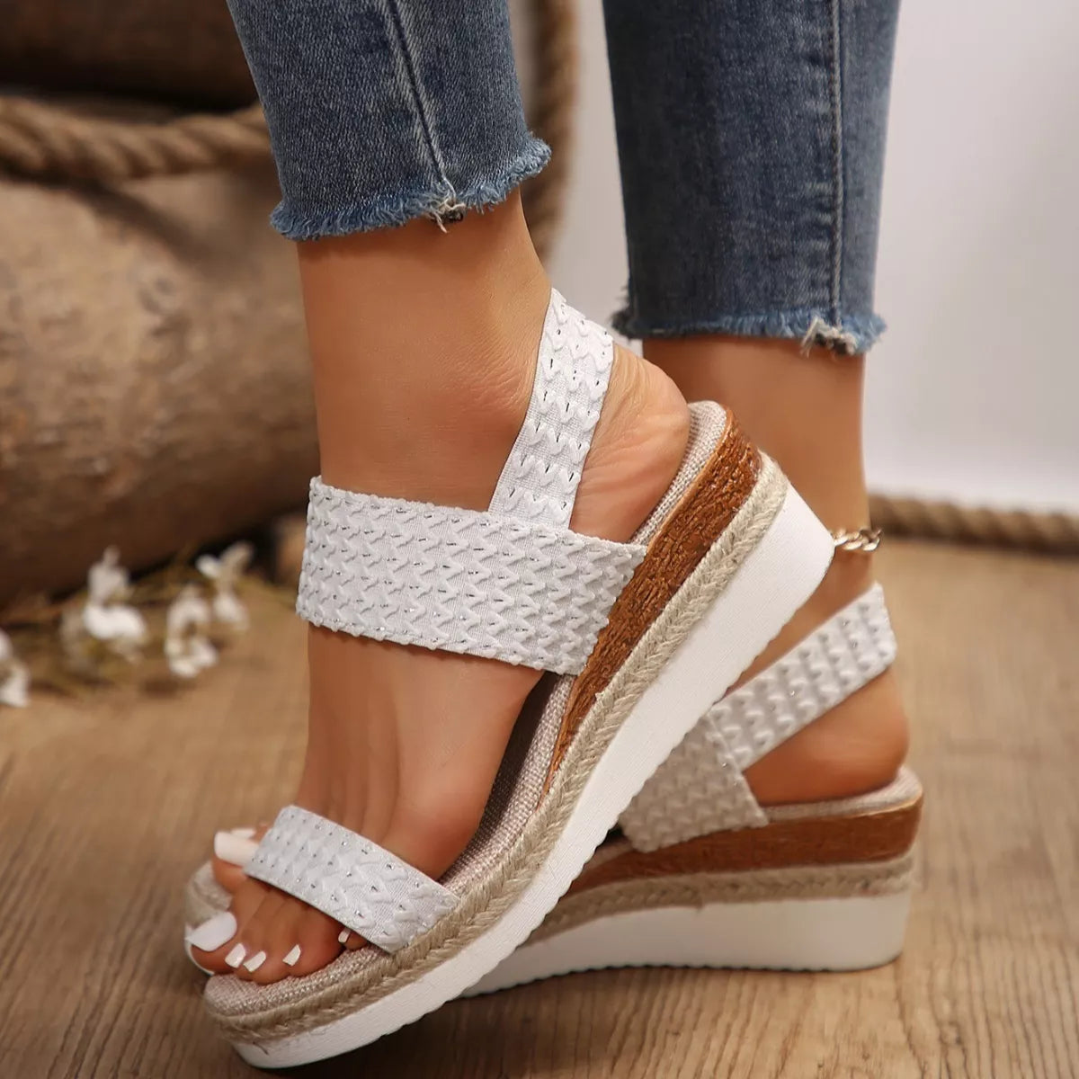 Woven Elastic Strap Wedge Sandals