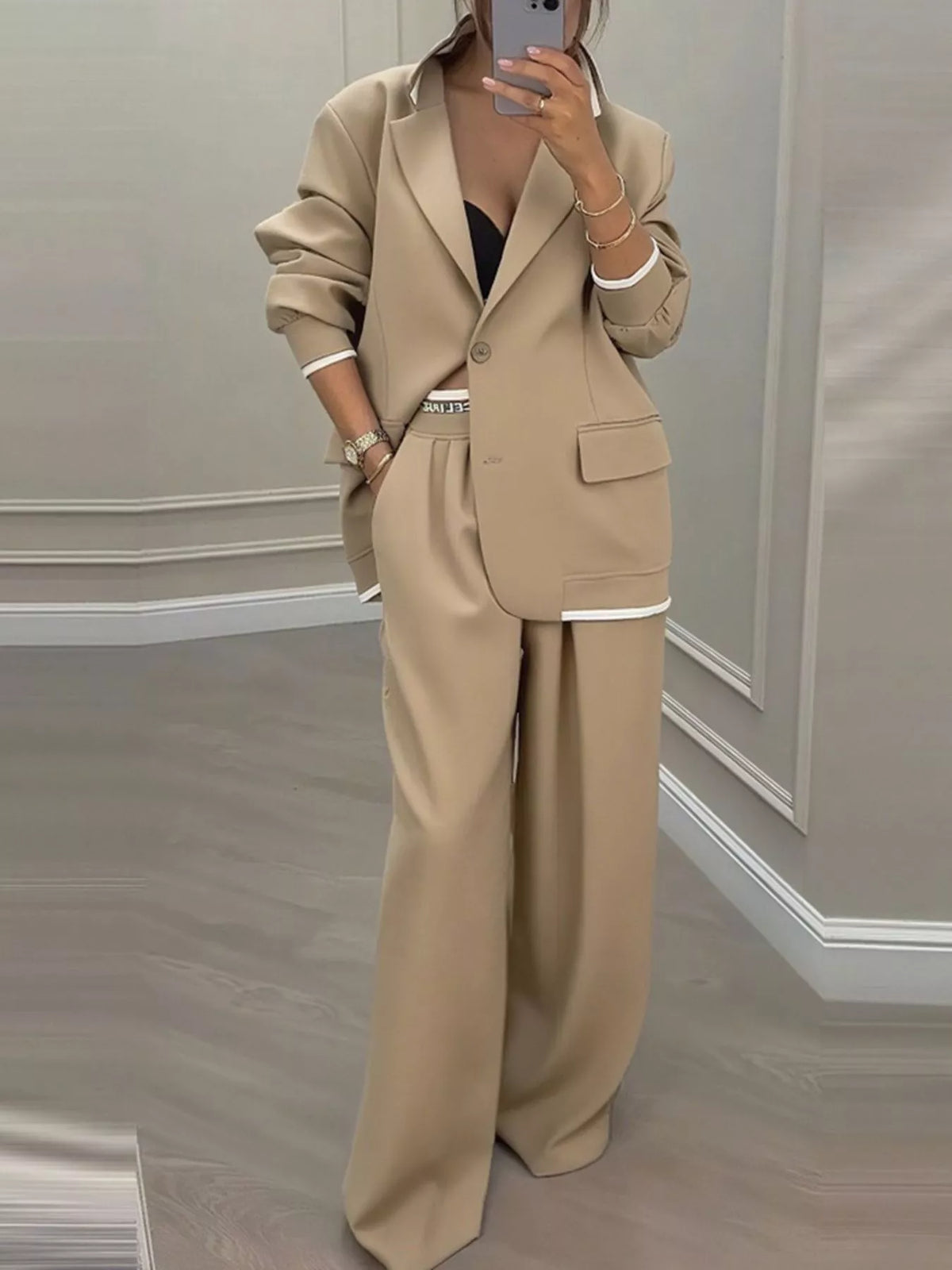 Full Size One Button Blazer & Wide Leg Pants Set Plus Size