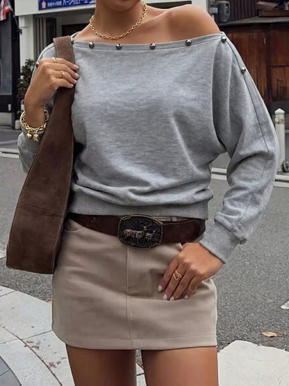 Studded Off Shoulder Long Sleeve T-Shirt