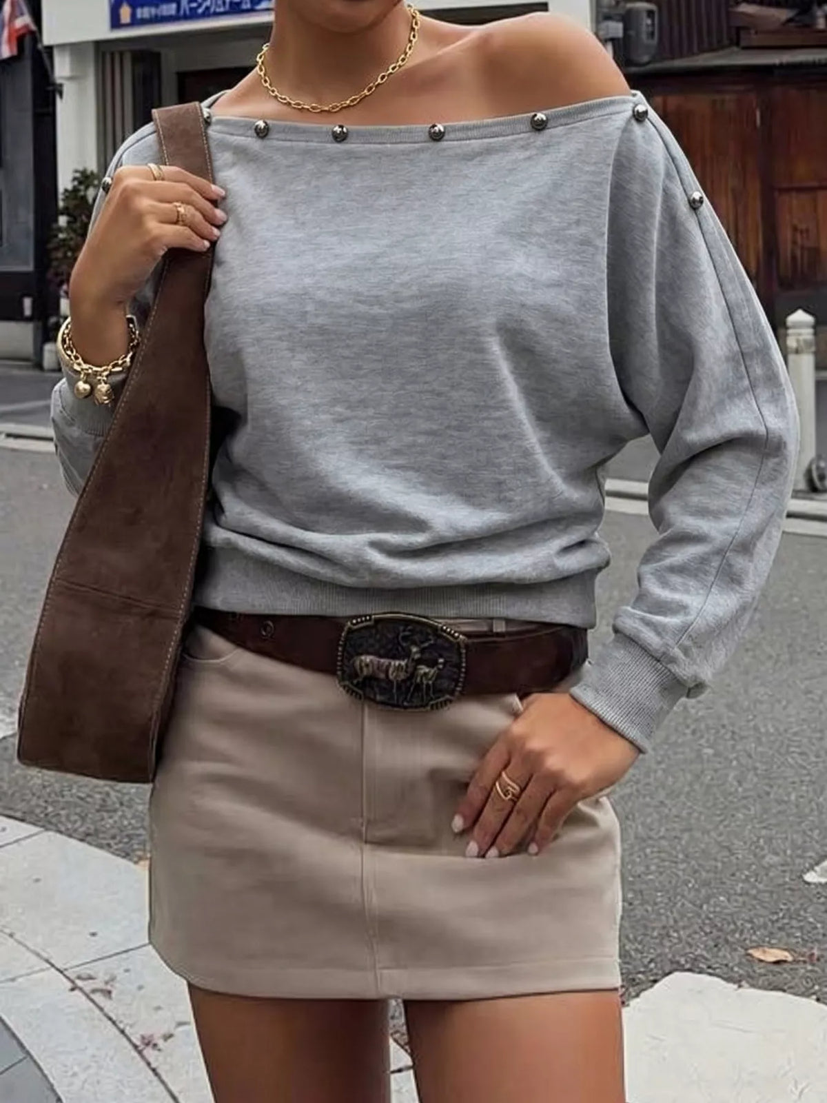 Studded off-shoulder tee, view 3