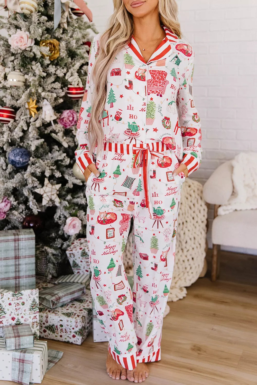 Holiday print pajama set with striped trim, view 2
