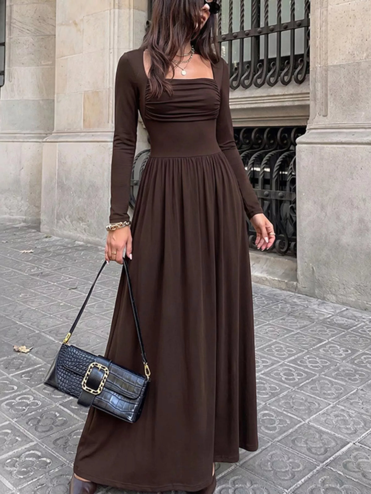 Ruched Square Neck Maxi Dress
