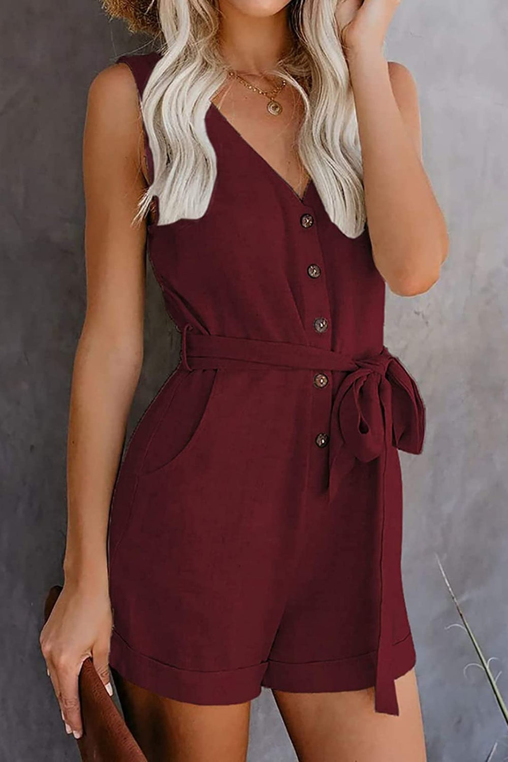 Tied V-Neck Sleeveless Romper with Pockets - MONLANE