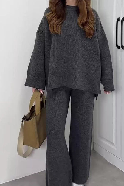 Dropped Shoulder Knit Sweater and Wide Leg Pants Set