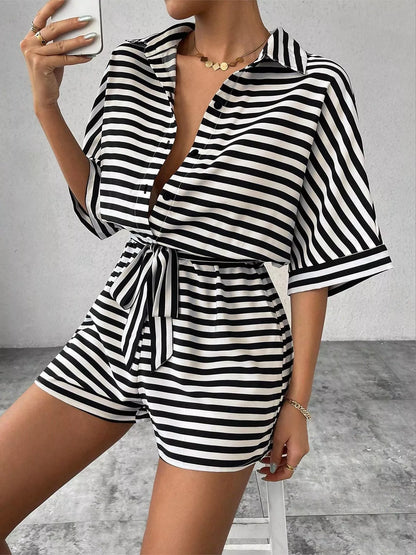 Striped Button-Up Belted Romper