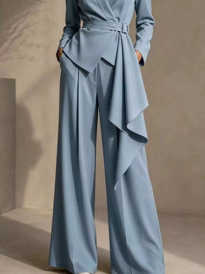 Plus Size Belted Blazer & Wide-Leg Pants Set