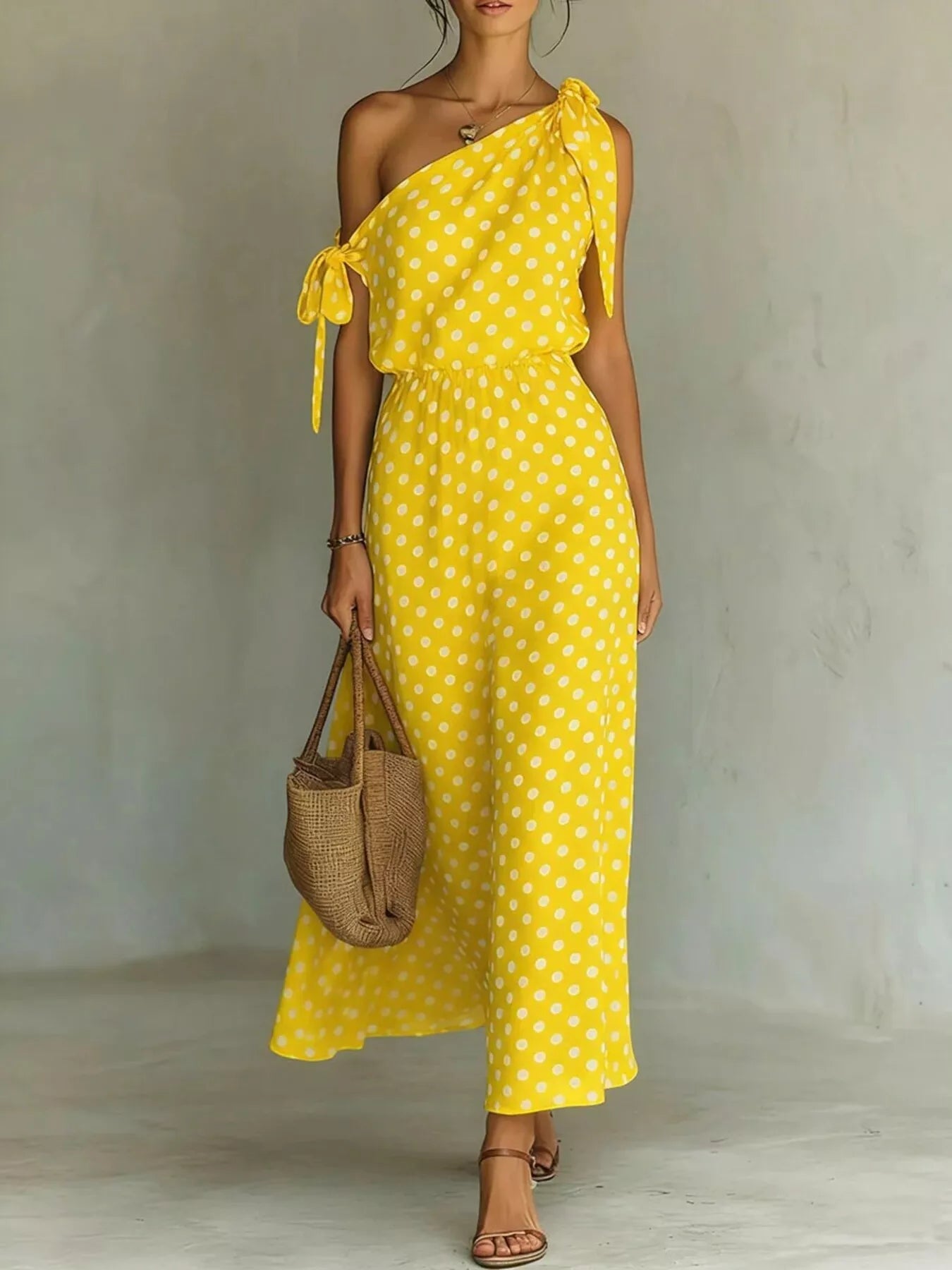 Polka Dot One-Shoulder Maxi Dress
