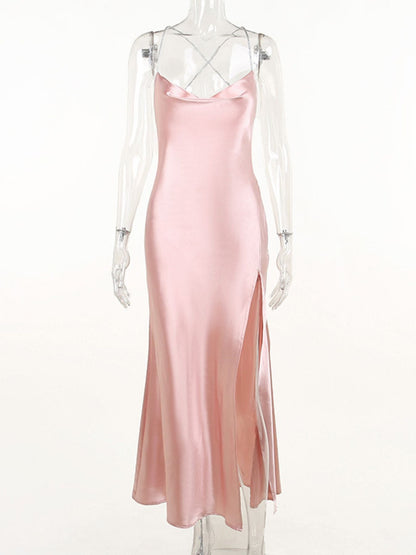 Slinky Satin Cowl Neck High Slit Dress with Back Lace Up