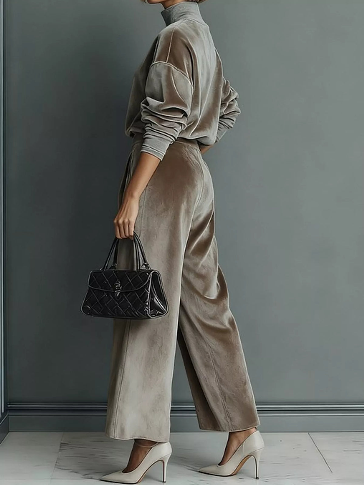 Velvet mock neck top and pants set, view 2