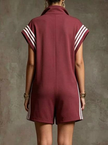 Striped Zip Front Short Sleeve Romper