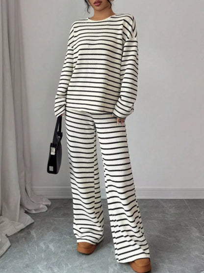 Striped waffle-knit top and pants set, view 4