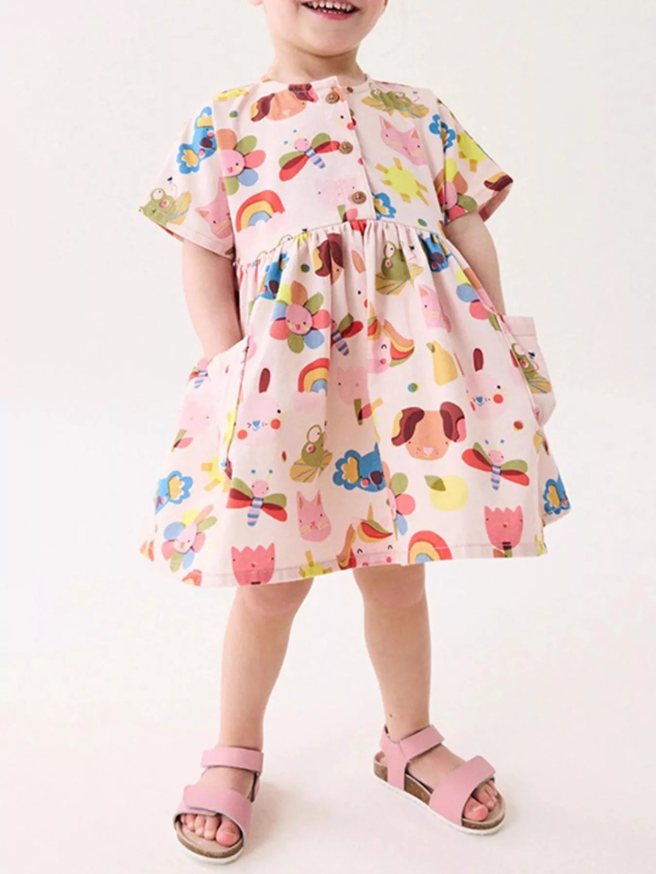 Children's Cartoon Print Button-Front Dress with Pockets