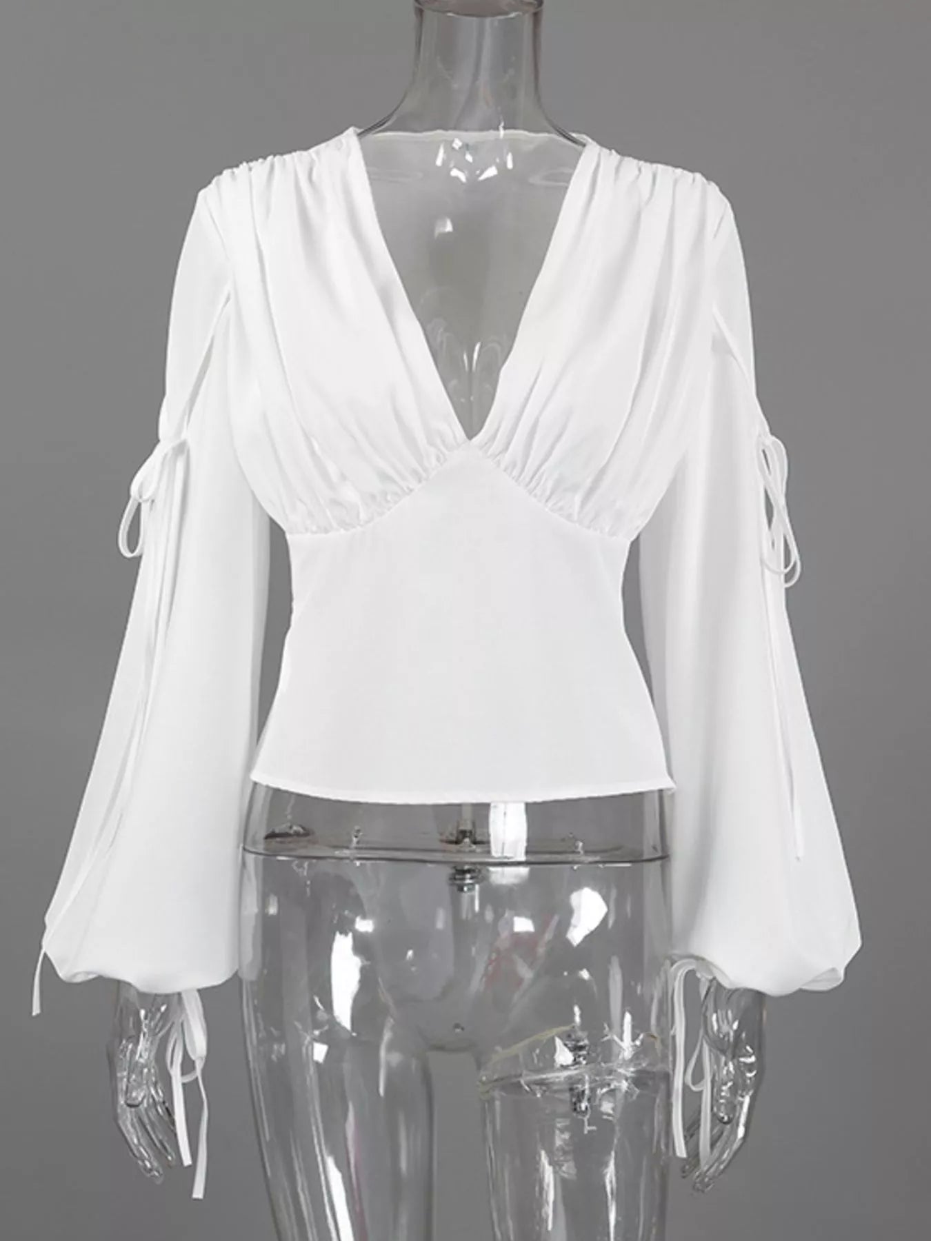 Tied V-Neck Balloon Sleeve Blouse