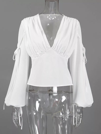 Tied V-Neck Balloon Sleeve Blouse