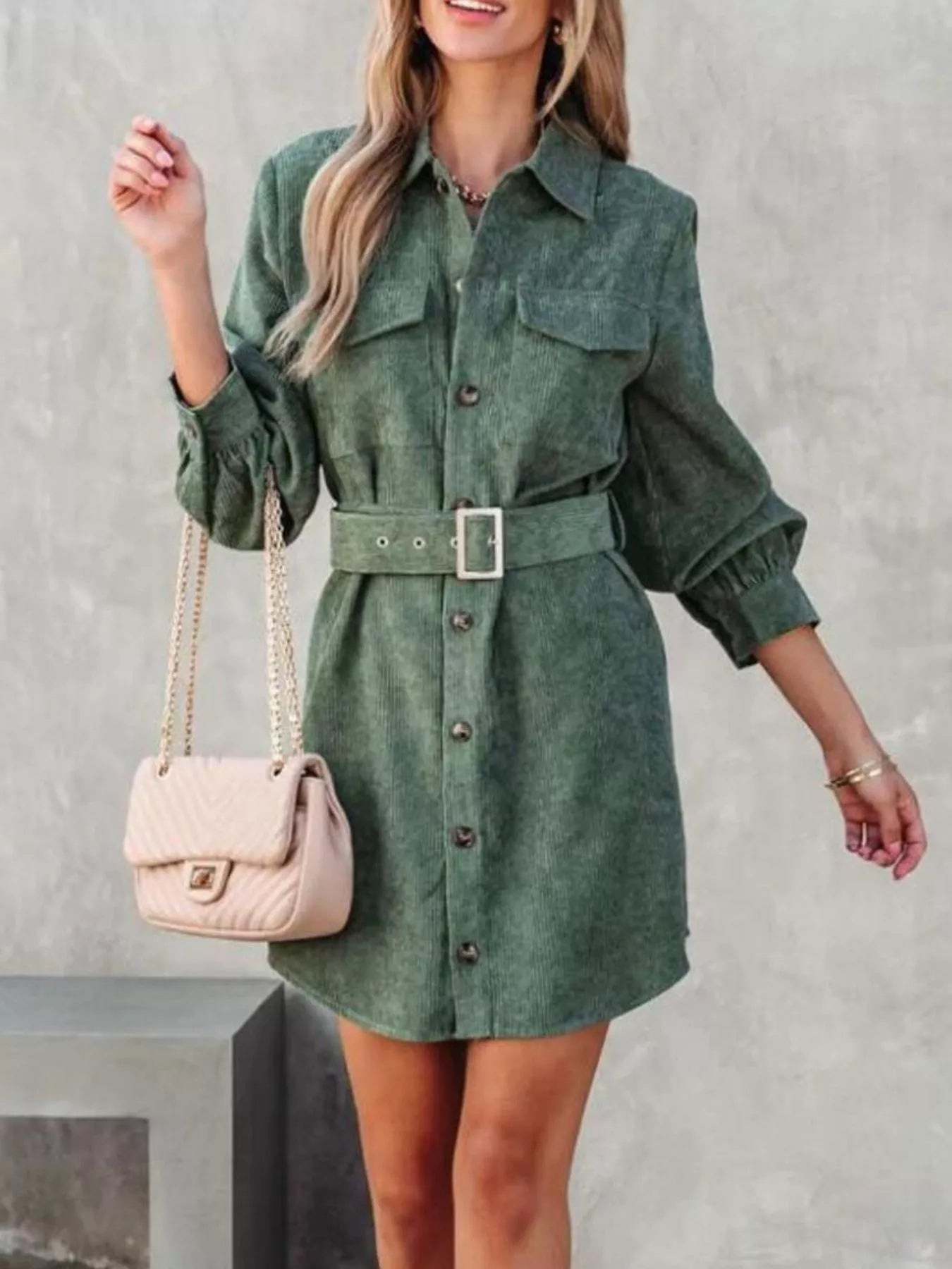 Button Front Belted Corduroy Dress