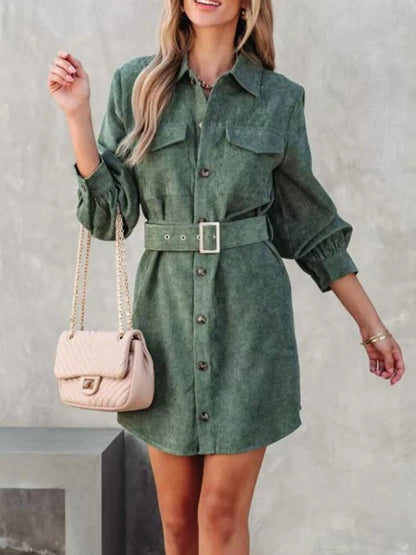 Button Front Belted Corduroy Dress