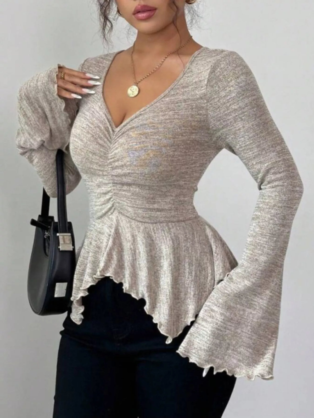Ruched Flared Sleeves Peplum Top