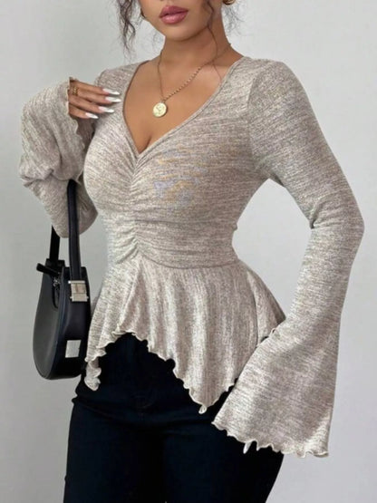 Ruched Flared Sleeves Peplum Top