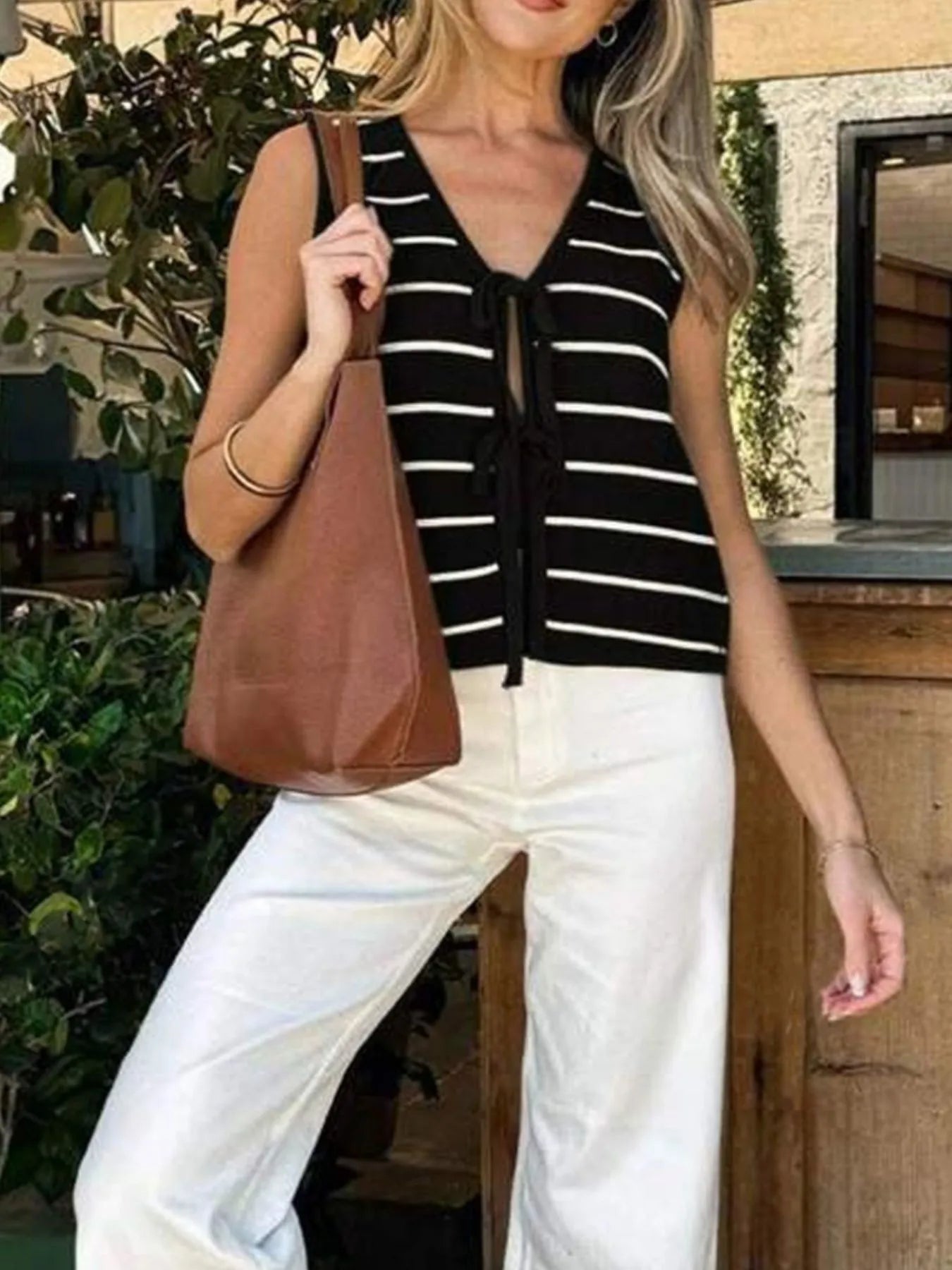 Tie Front Striped Sweater Vest