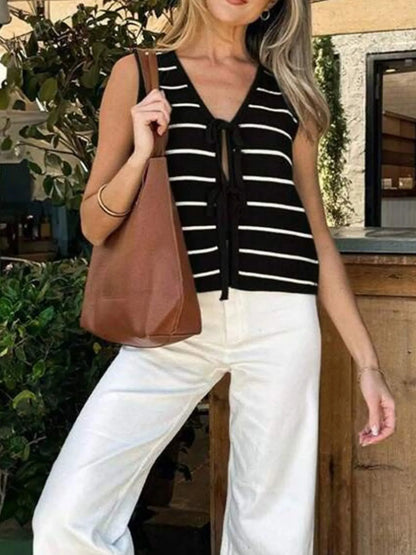 Tie Front Striped Sweater Vest
