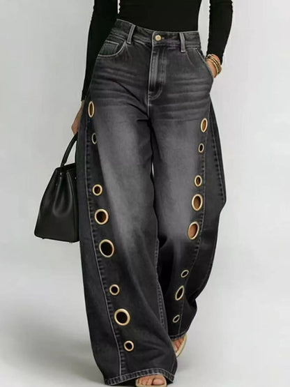 Wide Leg Jeans with Eyelet Details