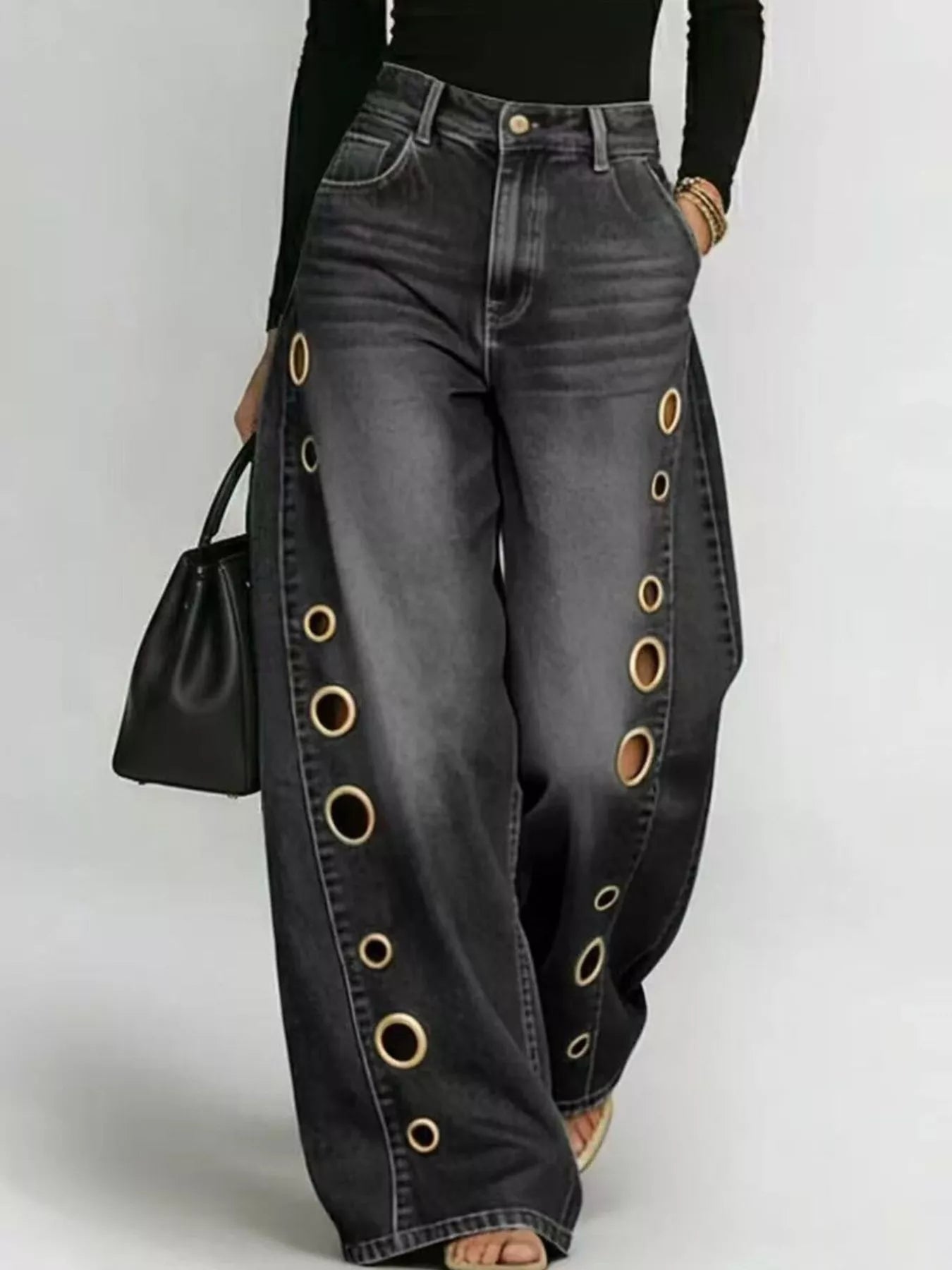 Wide Leg Jeans with Eyelet Details