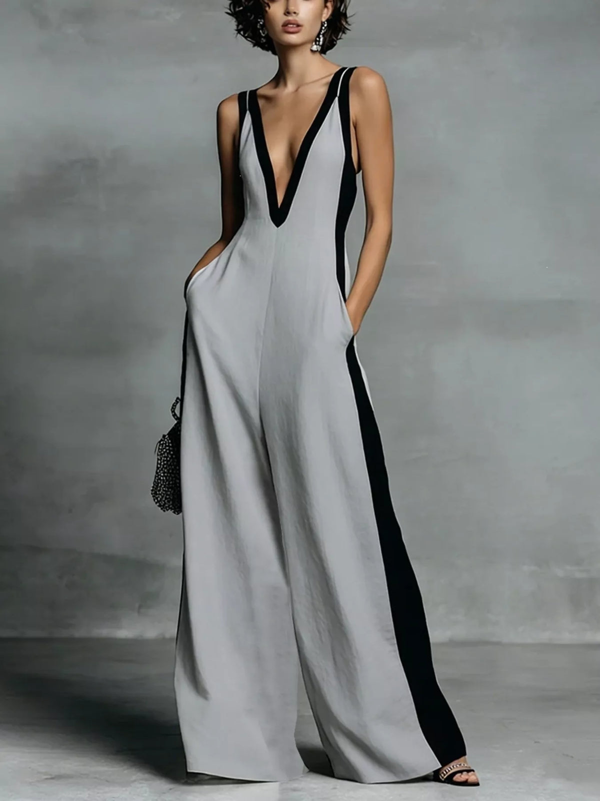 Deep V-Neck Wide-Leg Jumpsuit