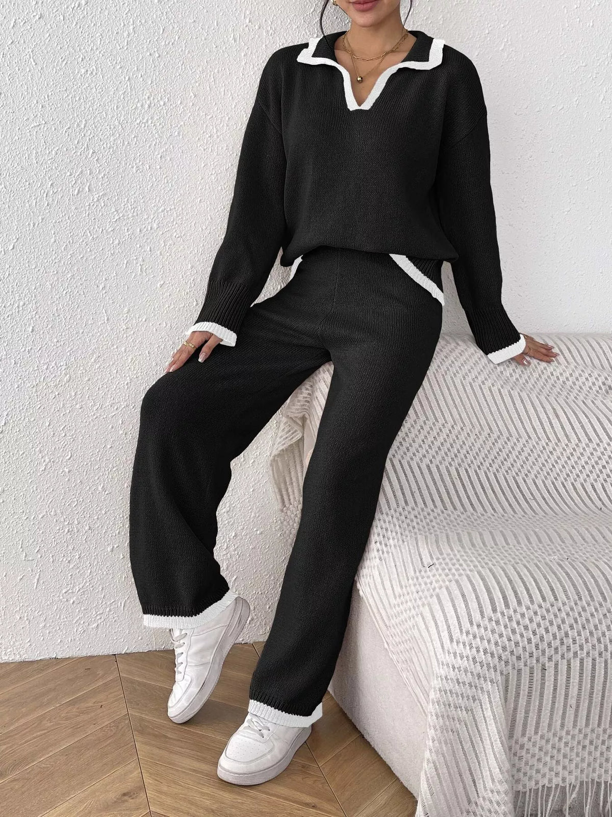 Contrast Trim Polo Collar Top and Pants Sweater Set