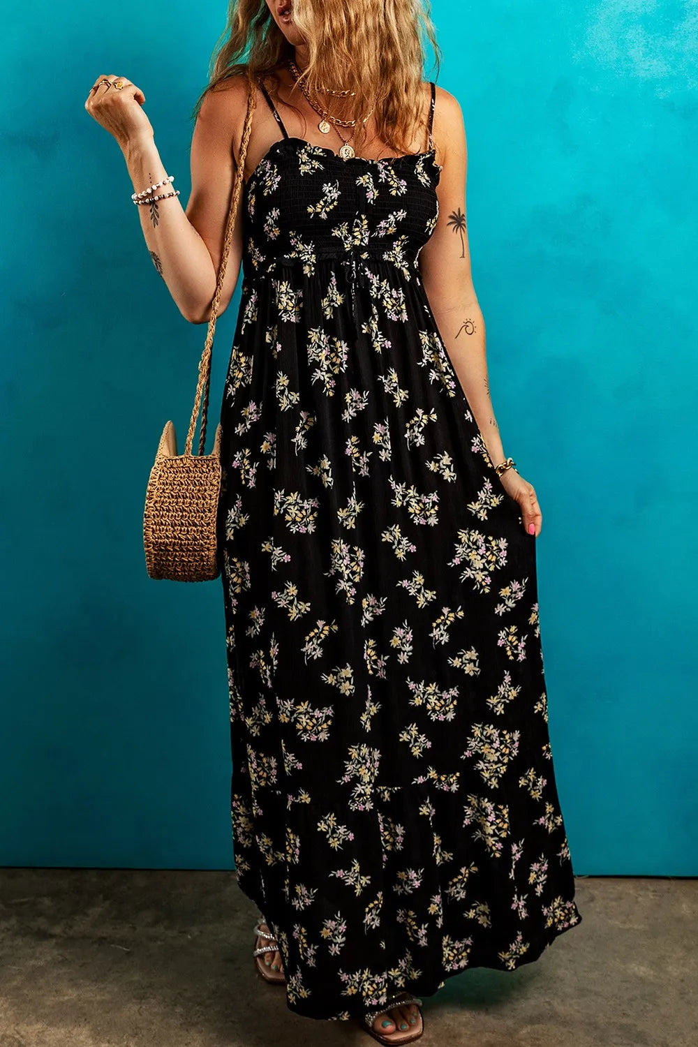 Shirred Bodice Tied Waist Maxi Dress