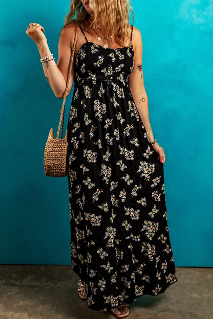Shirred Bodice Tied Waist Maxi Dress