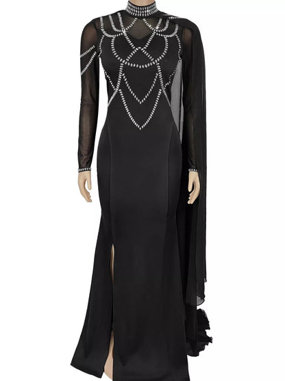 Rhinestone Slit Maxi Dress with Sheer Cape Sleeves