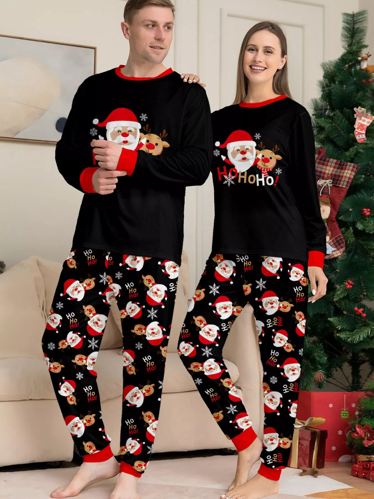 Full Size Matching Family Christmas Pajamas Set with Santa and Reindeer Print Plus Size