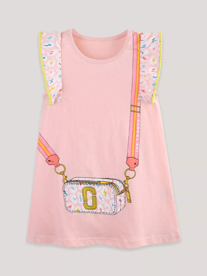 Children's Cartoon Bag Print Ruffled Dress