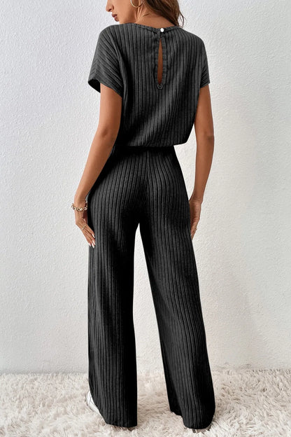 Ribbed Short Sleeve Wide Leg Jumpsuit