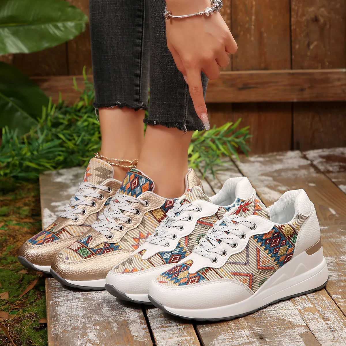 Geometric Lace Up Wedge Sneakers