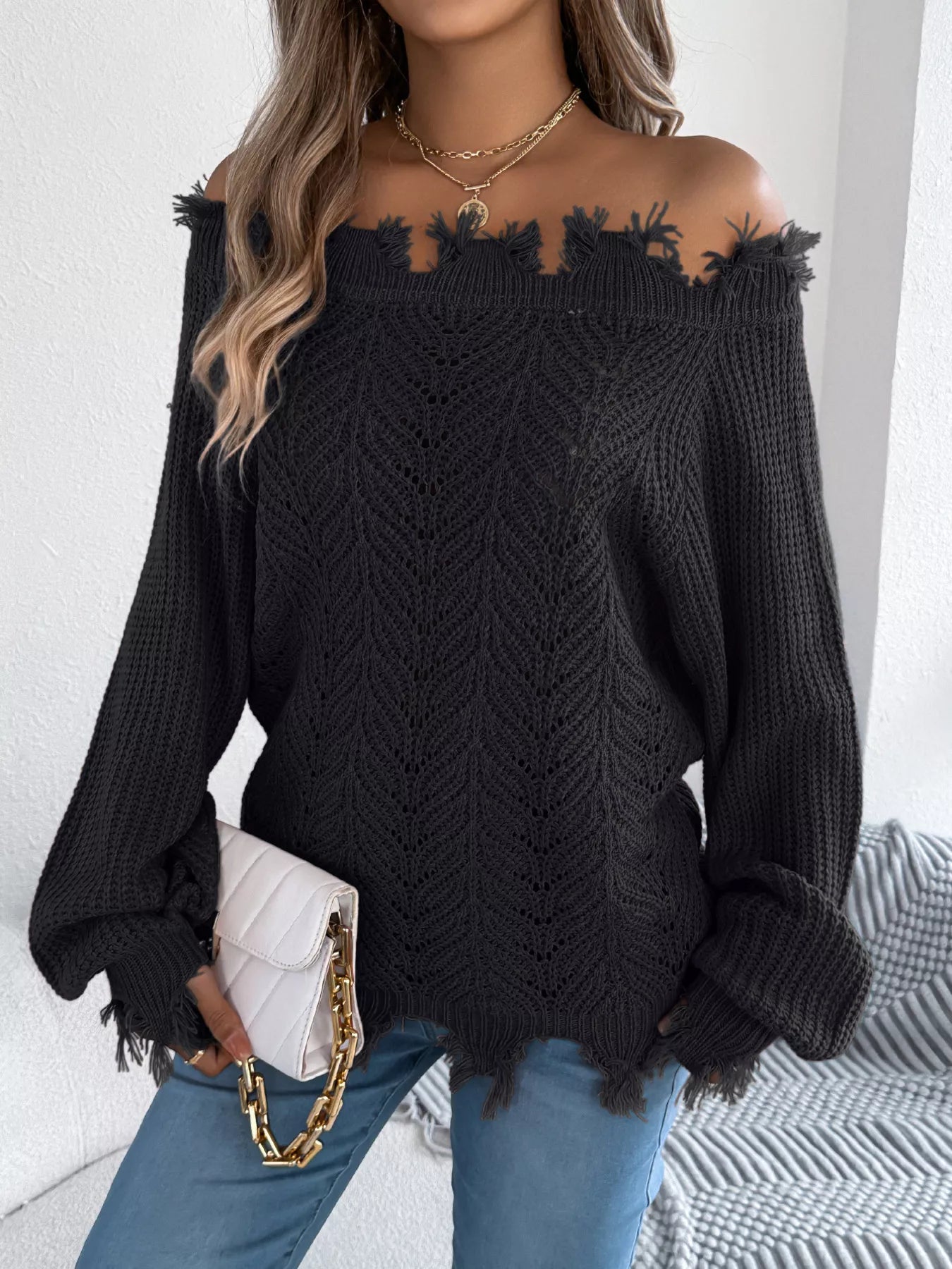 Distressed Off-Shoulder Sweater