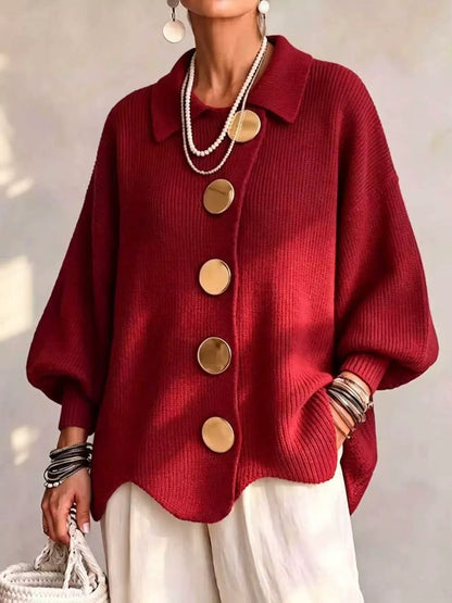 Ribbed knit cardigan with gold buttons & pockets, S to 3XL