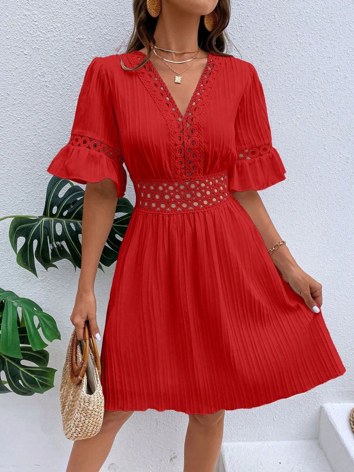 V-Neck Flounce Sleeve Mini Dress