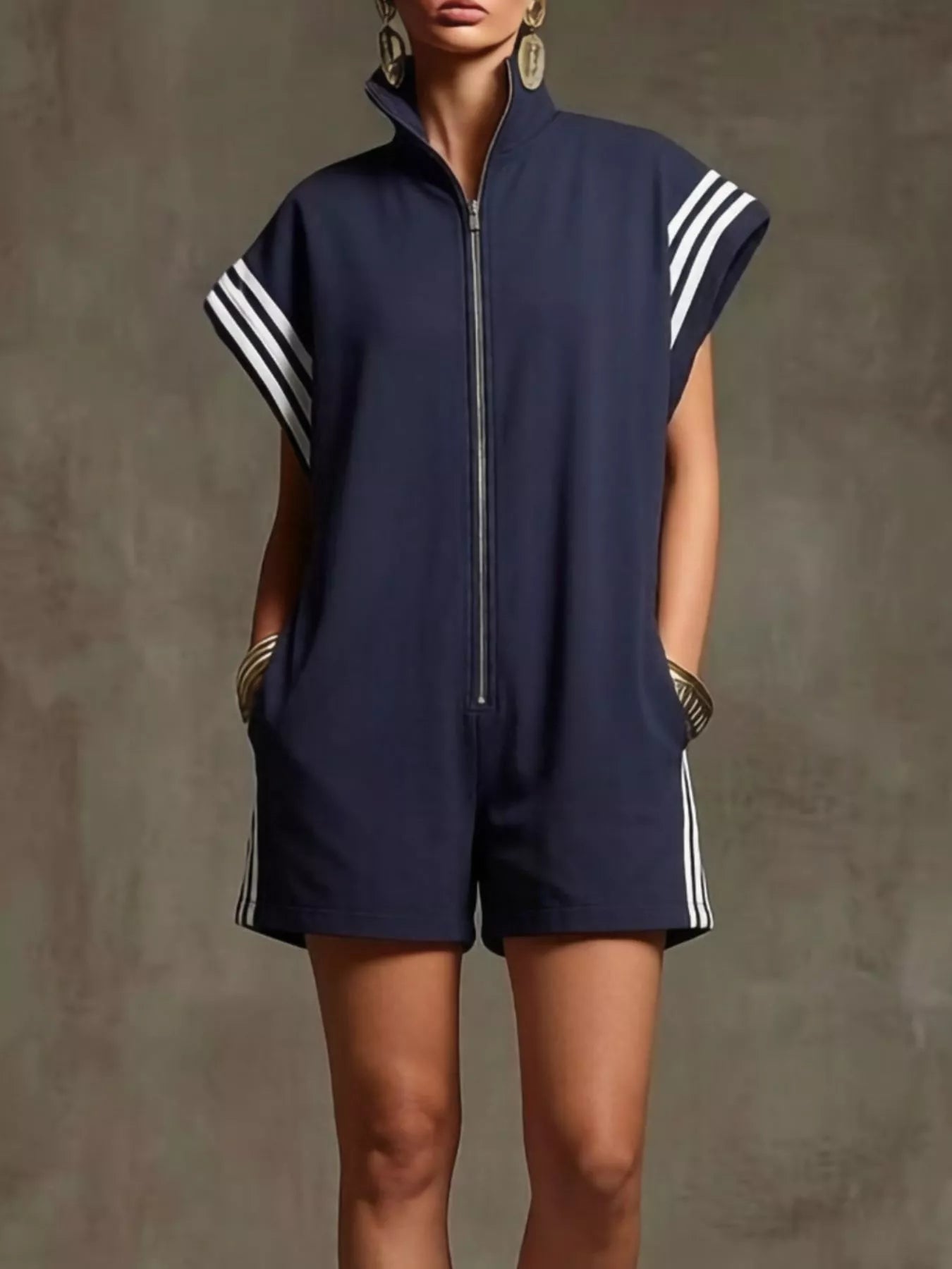Striped Zip Front Short Sleeve Romper