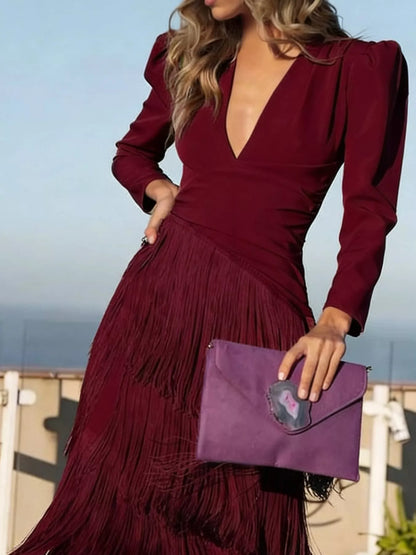 Plus Size Fringed V-Neck Puff Sleeve Party Dress