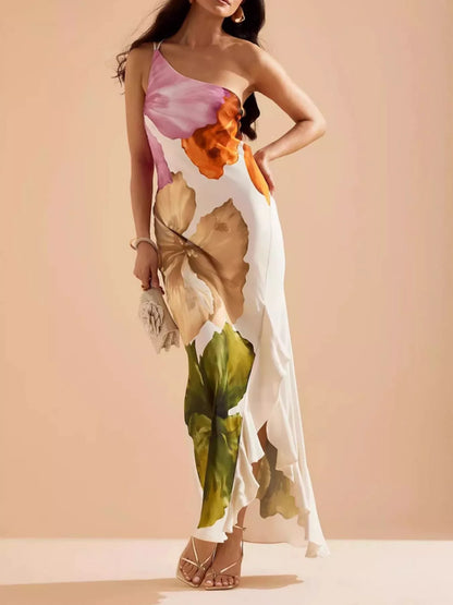 Floral Print One-Shoulder Ruffle Hem Maxi Dress