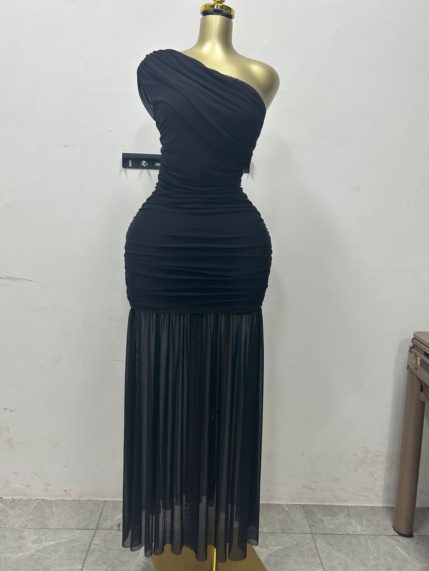 Sleeveless Diagonal Pleated Slit Dress