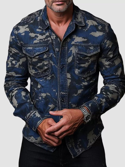 Men's Full Size Camouflage Print Shirt with Dual Chest Pockets Plus Size