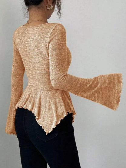 Ruched Flared Sleeves Peplum Top