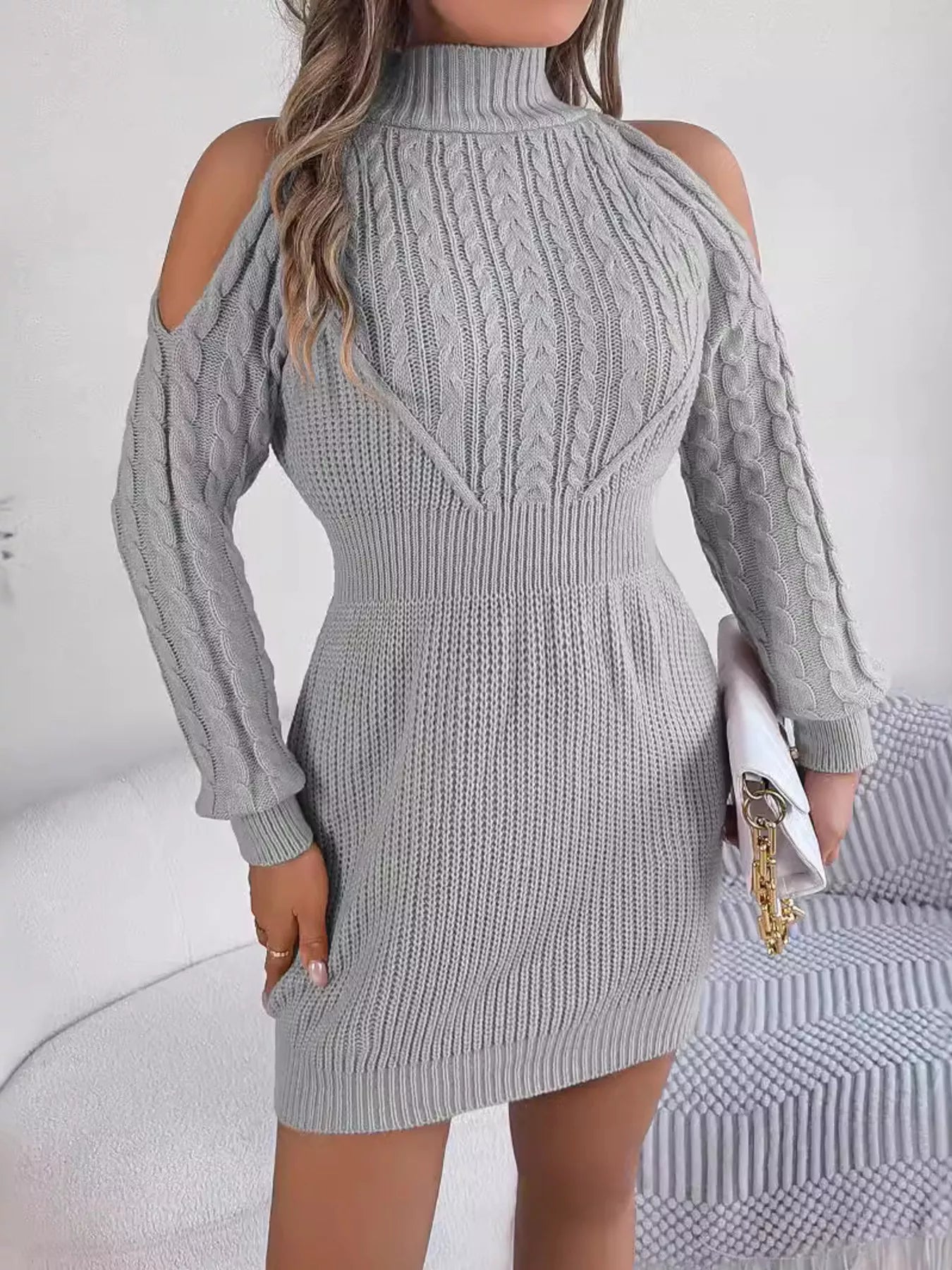 Cable Knit Turtleneck Sweater Dress