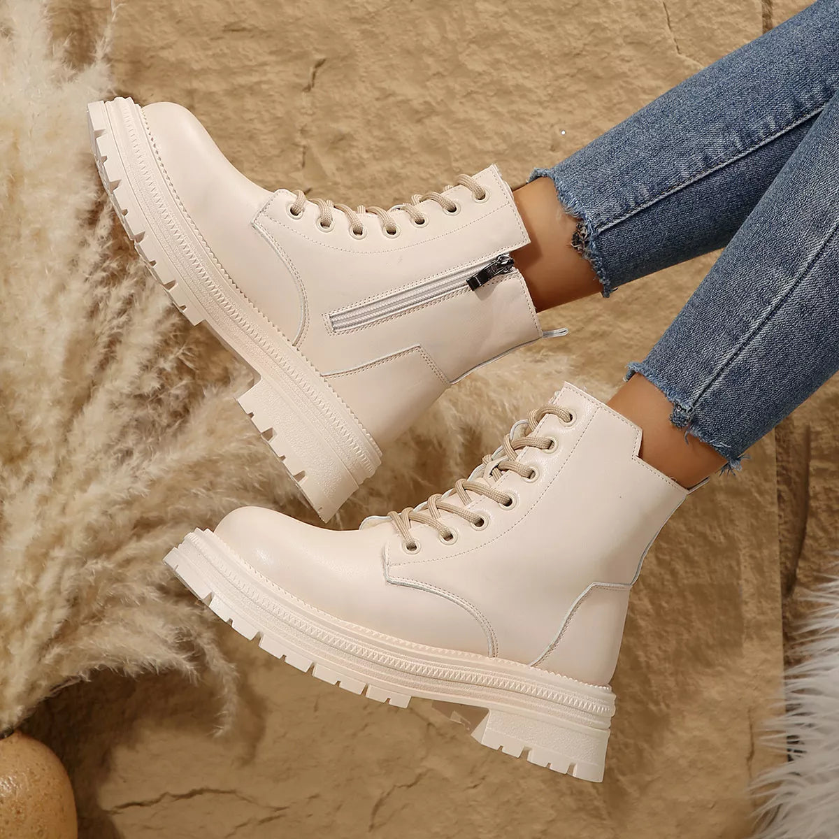 Lace Up Round Toe Platform Boots
