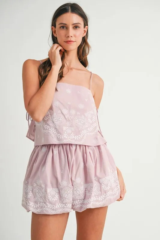 Embroidered Crop Cami Mini Skirt Set