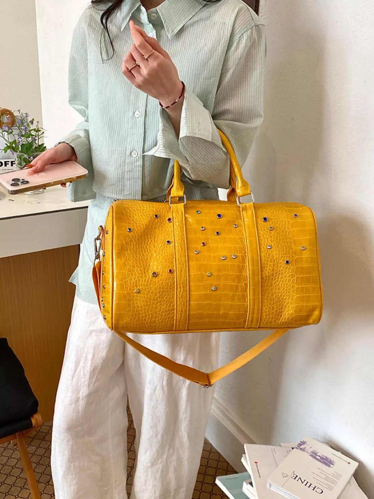 Croc-embossed weekender bag, view 2