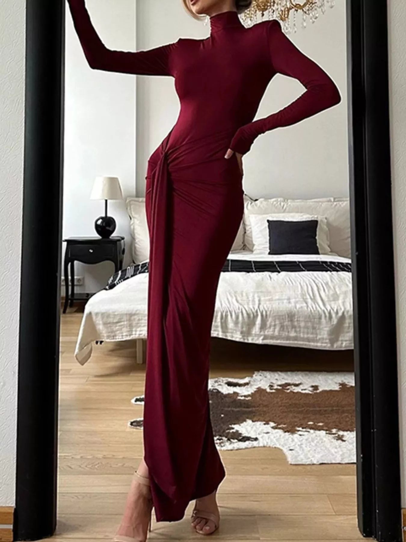 Turtleneck Long Sleeve Slit Maxi Dress