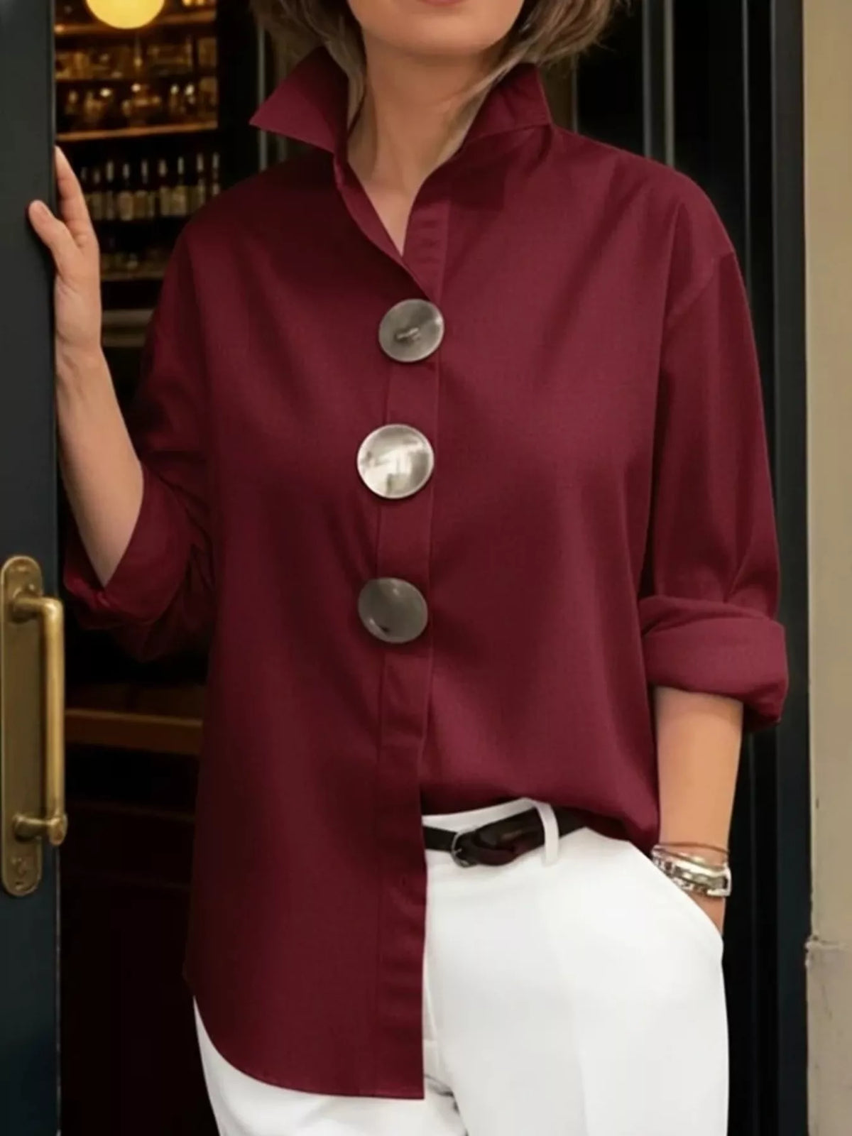 Full Size Oversized Metal Button Long Sleeve Shirt Plus Size